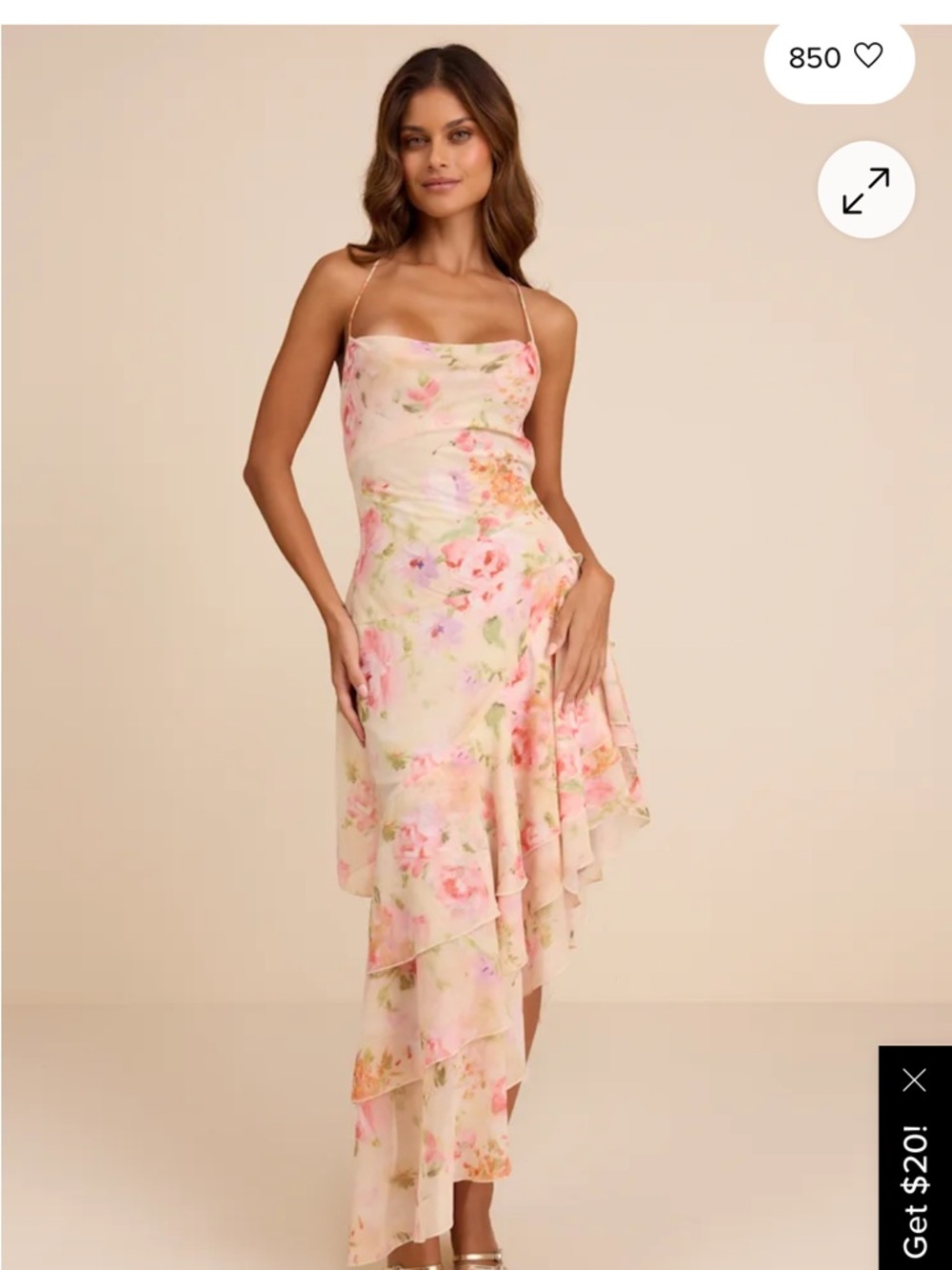 Lulu's Cream-Pink Floral Asymmetrical Slip Maxi Dress